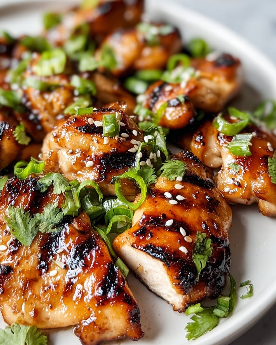 The image shows a close-up of grilled chicken pieces placed on a white plate. The chicken has a shiny, caramelized golden-brown outside with some charred spots, revealing tender white meat inside. The pieces are garnished with bright green chopped scallions and fresh cilantro leaves, and sprinkled with small white sesame seeds. The background is a white marbled texture. photo taken with an iphone --ar 4:5 --v 7