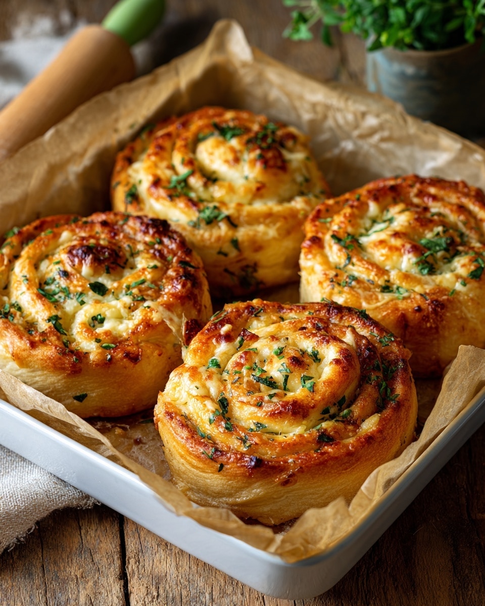 A single golden-brown swirl bread roll with a slightly glossy surface sits on a white plate with a delicate embossed edge. The roll has visible layers creating a spiral shape, topped with a sprinkling of chopped green herbs. In the background, a tray lined with parchment paper holds more of these bread swirls, showing similar golden tops and herb garnish. The setting includes a wooden rolling pin and some baking tools, all on a white marbled surface. A woman's hand lightly holds the edge of the plate, presenting the roll. photo taken with an iphone --ar 4:5 --v 7