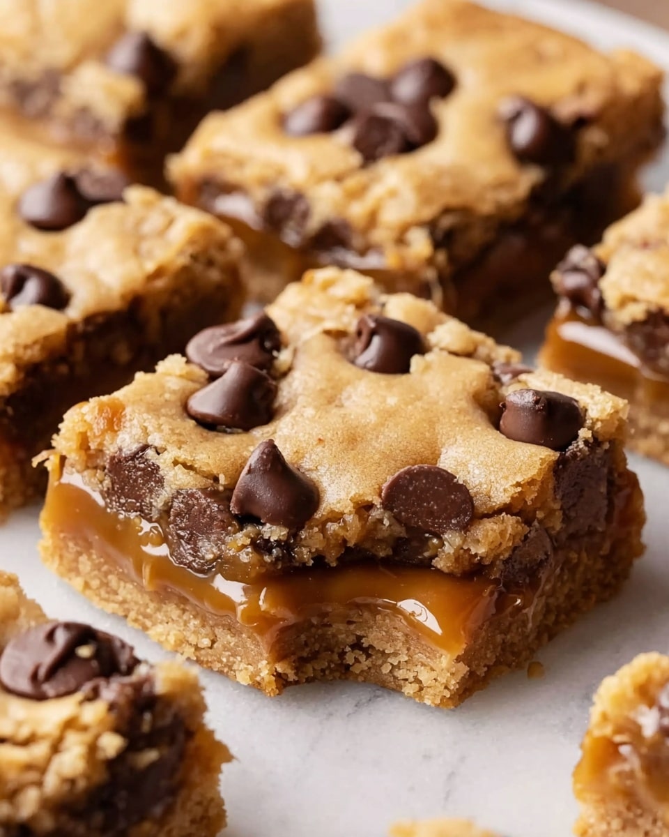 A close-up view of a square-shaped cookie bar cut into pieces, showing two main layers: the bottom layer is thick and golden brown with a crumbly texture mixed with dark chocolate bits, and the top layer has a cracked crust in a lighter golden shade with gooey caramel oozing out in the center. On top of the caramel layer are three large, smooth, dark chocolate chips. The cookie bars are arranged closely together in a metal baking tray, placed on a white marbled surface. Photo taken with an iphone --ar 4:5 --v 7