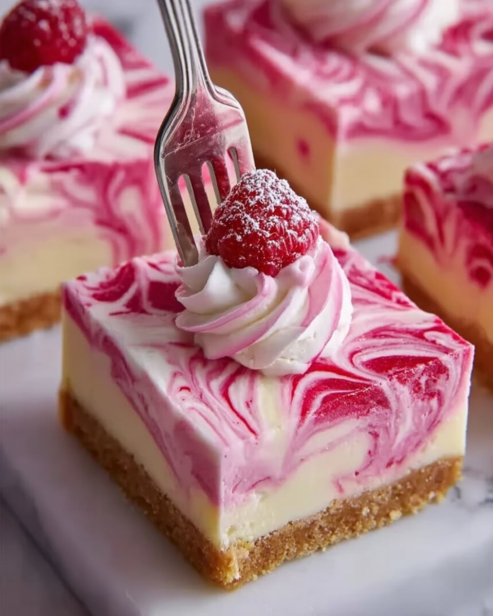 The image shows a close-up of a square-shaped pink and white dessert with three visible layers. The bottom layer is a crumbly light brown crust. The middle layer is a smooth, creamy pale pink filling with darker pink swirls mixed in, giving it a marbled look. The top layer has a fluffy, whipped texture with wavy pink and white swirls, and it is decorated with a small cluster of fresh raspberries and a dusting of fine white powder on one corner. A silver fork is gently touching one piece from the side. The dessert sits on a white plate, placed on a white marbled surface. Photo taken with an iphone --ar 4:5 --v 7