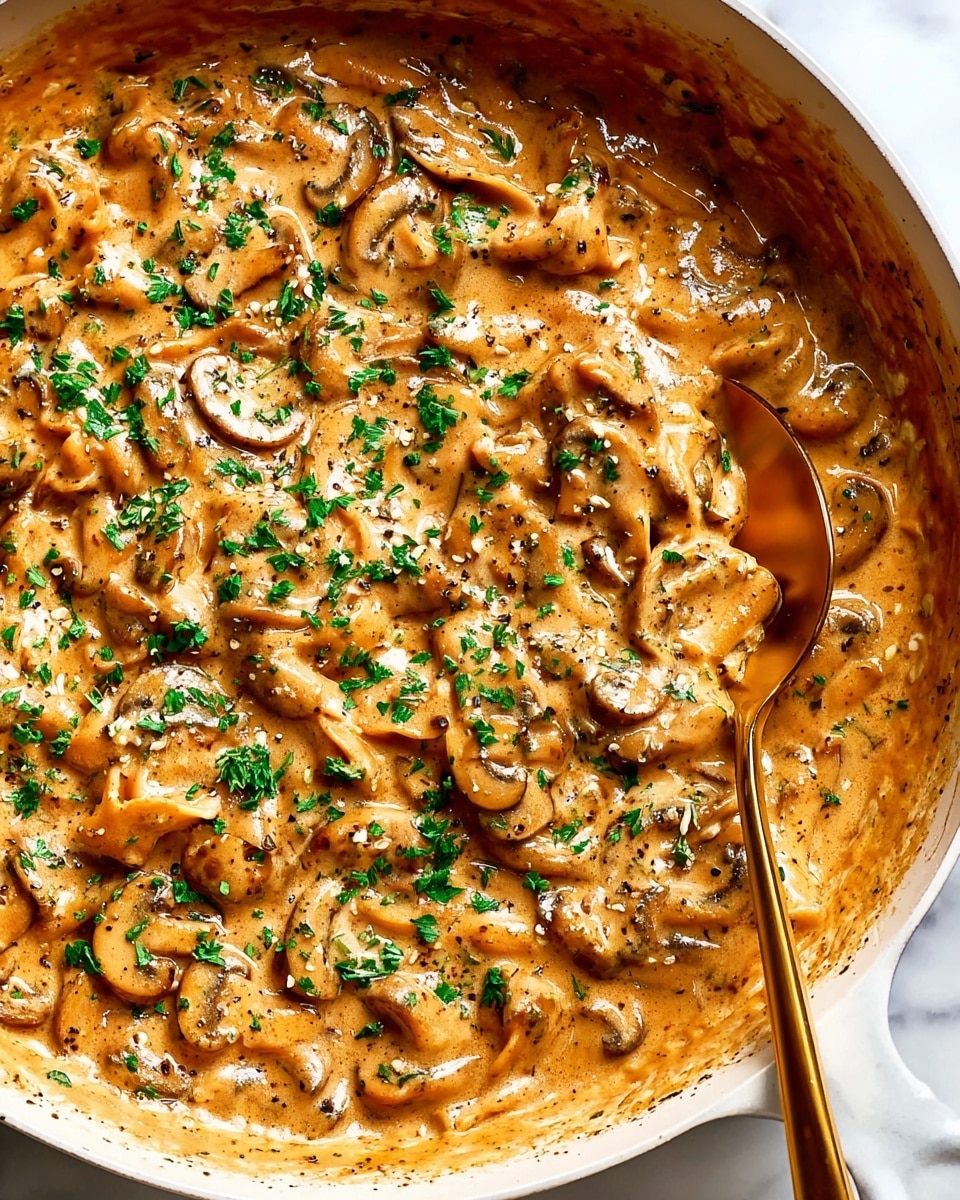 A white bowl filled with creamy pasta made of round, shell-shaped pieces covered in a rich brown sauce, speckled with small green herb bits and black pepper flakes all over. A silver spoon is partially buried in the pasta on the right side. The creamy sauce looks smooth and thick, coating every piece of pasta, and some herbs add a fresh contrast. The bowl sits on a dark surface with a white marbled texture visible nearby. photo taken with an iphone --ar 4:5 --v 7