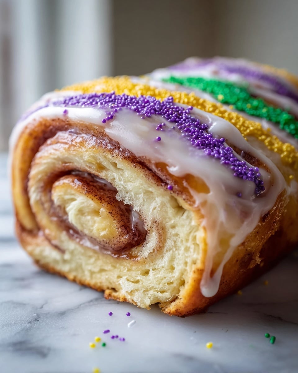 The image shows a close-up of a sliced ring-shaped cake with three visible layers: the base layer is a soft, light beige bread with a fluffy texture, followed by a medium brown cinnamon swirl filling in the middle, and a shiny white icing layer on top decorated with sparkling purple sugar crystals arranged in lines. Behind the slice, the rest of the cake is visible in a circular shape with more icing drizzled over it and sprinkled with green, yellow, and purple sugar crystals alternating in sections. The cake rests on a white marbled surface, and soft natural light comes from a window in the background. photo taken with an iphone --ar 4:5 --v 7