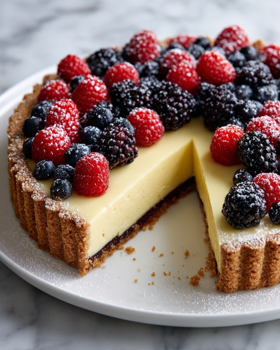 The image shows a round tart with three layers: a golden brown crust at the bottom, a smooth, creamy pale yellow filling in the middle, and a topping of fresh berries including bright red raspberries, dark blackberries, and small dark blueberries arranged along the edge. The crust is thick, crumbly, and slightly browned with a dusting of powdered sugar along the ridged edge. The tart is on a white plate, placed on a white marbled surface. The tart has a slice removed, revealing the layers clearly. Photo taken with an iphone --ar 4:5 --v 7