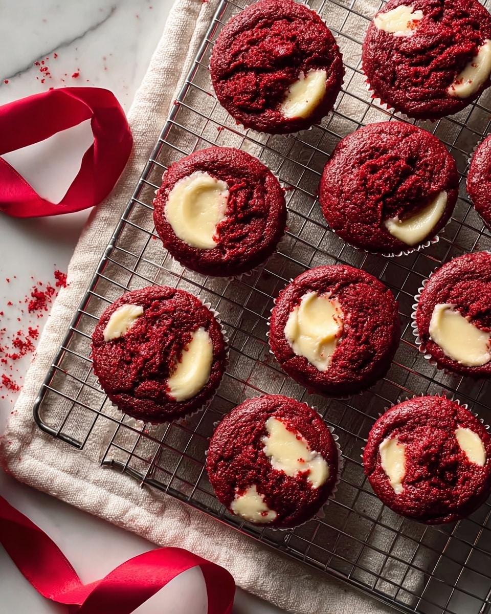The image shows a cooling rack holding twelve small red velvet cupcakes with cream cheese filling peeking through the tops in uneven patches of white. The cupcakes have a deep red color and a moist, slightly crumbly texture. The rack is set on a light-colored cloth with scattered red crumbs, and a loose deep red ribbon lies near the edge of the cloth. The background is a white marbled surface, adding a clean and bright feel to the picture. photo taken with an iphone --ar 4:5 --v 7