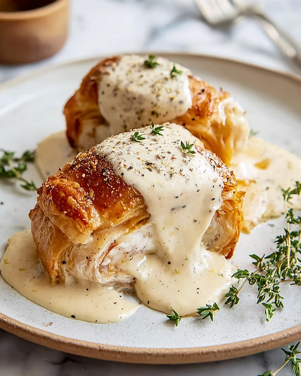 The image shows two golden-brown, flaky pastry rolls filled with a creamy, light beige filling that appears rich and smooth. Each roll is topped with a thick layer of creamy white sauce that drips down the sides, speckled with black pepper. The rolls rest on a white plate with a light texture on its surface, and fresh green thyme sprigs are scattered around as garnish. The plate is set on a white marbled surface, adding a clean and elegant background. The soft lighting highlights the glossy texture of the sauce and the flaky layers of the pastry, creating a warm and inviting presentation. photo taken with an iphone --ar 4:5 --v 7
