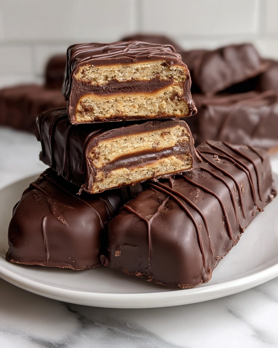 The image shows a white plate filled with chocolate-covered wafer bars. Each bar has three visible light beige wafer layers separated by thin chocolate filling layers in between, all coated in a smooth, dark chocolate shell with thin drizzled chocolate lines on top for decoration. Several bars are whole while a few are cut in half, exposing the neat, even layers inside. The plate sits on a white marbled surface, with some broken pieces and chocolate chunks scattered around, adding texture and interest to the composition. Photo taken with an iphone --ar 4:5 --v 7