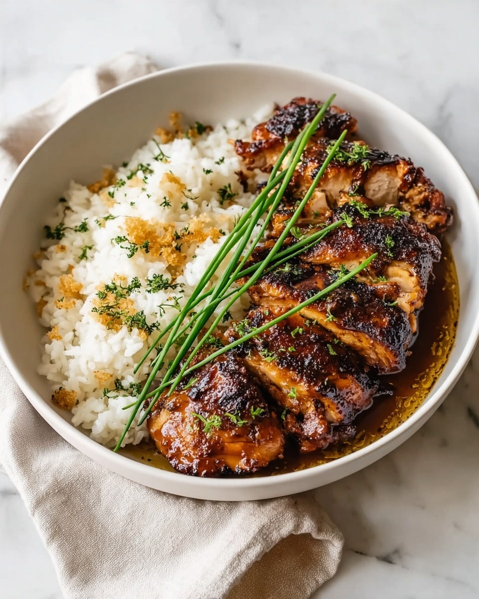 A white bowl holds a dish with two main layers: on the left side, there is a bed of fluffy white rice sprinkled lightly with green herbs and golden-brown toasted crumbs, giving a soft and slightly crunchy texture; on the right side, there are several pieces of grilled chicken with a rich, dark brown char and glossy caramelized sauce, showing a slightly crispy texture on the outside; bright green, thin chive stalks are placed on top, adding a fresh and vibrant color contrast. The bowl sits on a white marbled surface with a light beige cloth partly visible beneath it. Photo taken with an iphone --ar 4:5 --v 7