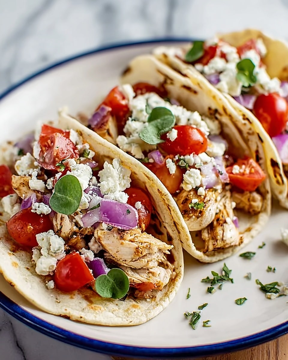 Three tacos are placed side by side on a white plate with a blue inner rim, set on a white marbled surface. Each taco has a slightly toasted, soft tortilla forming the base, with pieces of grilled chicken eaten lightly browned layered first. On top of the chicken are chunks of bright red cherry tomatoes, halved, and small pieces of purple onion. Crumbled white cheese is sprinkled all over, along with a few small fresh green leaves as garnish. The tacos show a fresh mix of colors and textures, with the soft tortillas holding the juicy and crumbly ingredients inside. Photo taken with an iphone --ar 4:5 --v 7