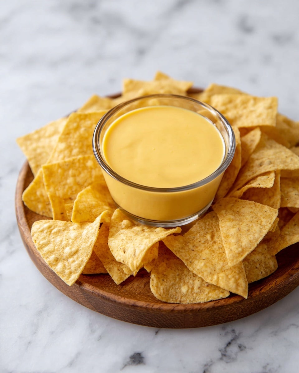 A round wooden tray is filled with many light yellow, crispy tortilla chips, some stacked and some lying flat, showing their rough textured surfaces. In the middle of the chips sits a small clear glass bowl full of smooth, creamy, bright yellow cheese sauce with a glossy finish. The tray is placed on a white marbled surface that has subtle grey veins. photo taken with an iphone --ar 4:5 --v 7