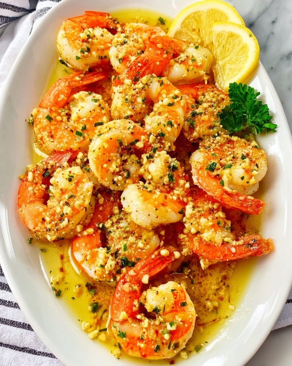 The dish shows cooked shrimp placed on a white oval plate, each shrimp has a bright orange and white color with visible texture of seasoning on top, mainly minced garlic and chopped green herbs scattered all over. The shrimp are coated in a shiny, oily yellow garlic butter sauce that pools slightly at the bottom of the plate. In the upper right corner there are two thin lemon slices and a small green parsley sprig for garnish. The plate sits on a white marbled surface with a small part of a white cloth with dark stripes visible on the side. Photo taken with an iphone --ar 4:5 --v 7