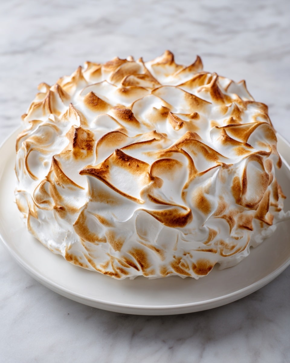 The image shows a round cake covered with smooth white meringue frosting that has been toasted to light golden brown at some peaks. The meringue is shaped with soft, wavy, petal-like layers covering the entire surface, creating a fluffy and airy look. The cake is on a simple white plate, and the background is a white marbled texture, enhancing the cake's bright and soft colors. Photo taken with an iphone --ar 4:5 --v 7