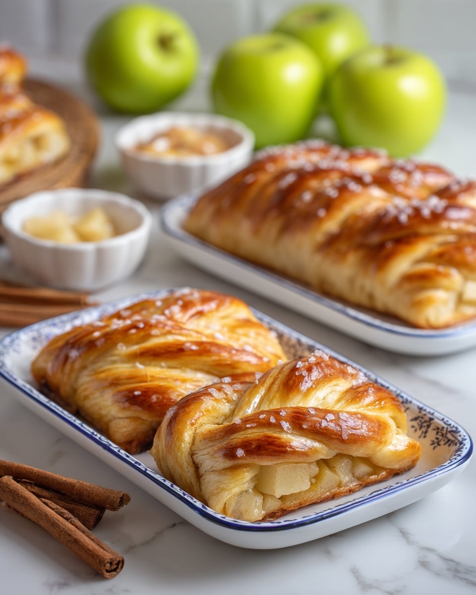The image shows a white rectangular plate with blue trim holding two pieces of golden brown braided pastry filled with small chunks of light yellow apple. The pastry has a shiny, slightly crispy top sprinkled with coarse sugar. Behind it, a similar larger braided pastry is placed on another white rectangular plate with blue trim. There are bright green apples and small white bowls with light and brown toppings in the background. A few cinnamon sticks rest beside the plates on a white marbled surface. The setting has a warm, inviting feel. photo taken with an iphone --ar 4:5 --v 7
