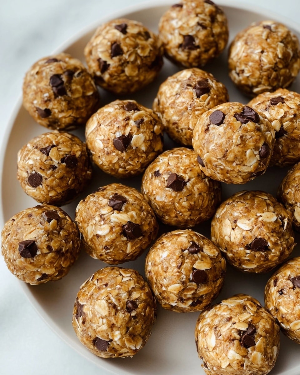The image shows round energy bites clustered together, each ball textured with visible oats and small dark chocolate chips scattered throughout. The balls are light golden brown in color with soft, uneven surfaces, indicating a chewy texture. They sit closely packed on a white plate, set on a white marbled surface that adds a clean, bright background without drawing attention away from the snack. photo taken with an iphone --ar 4:5 --v 7