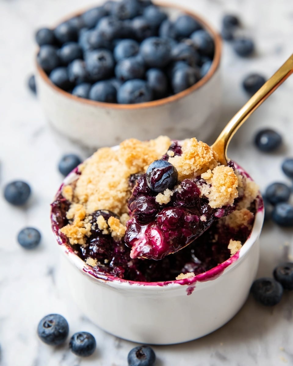 A white bowl filled with a blueberry crumble dessert showing three layers: a bottom dark purple layer of juicy cooked blueberries mixed with syrup, a middle layer of whole shiny blueberries, and a top layer of crumbly, golden beige biscuit pieces. A shiny golden spoon holds a bite of the crumble focused near the top right inside the bowl. In the background, a white bowl is filled with fresh dark blue blueberries. The bowls rest on a white marbled surface with scattered fresh blueberries around. Photo taken with an iphone --ar 4:5 --v 7