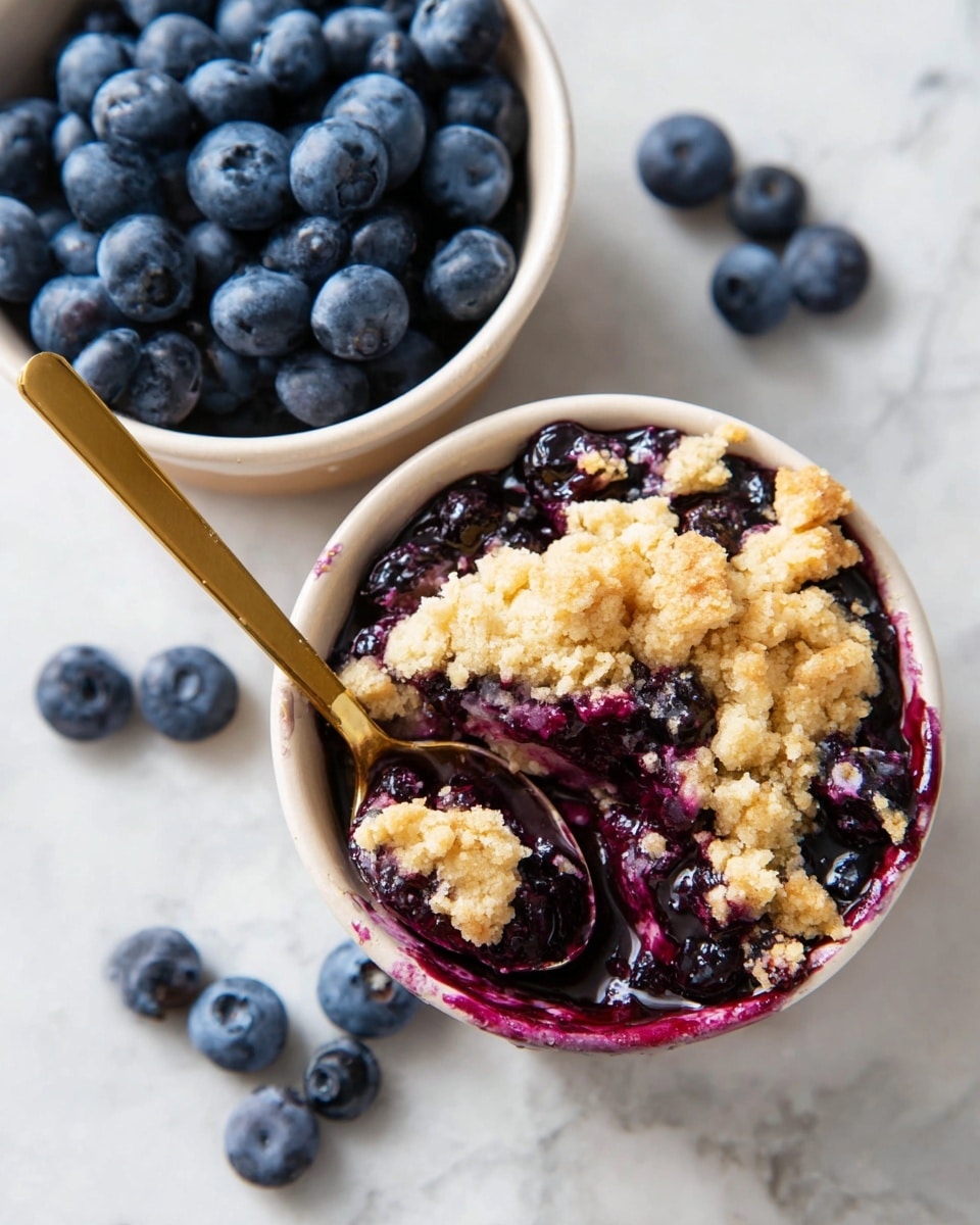 Two white bowls sit on a white marbled surface, one filled with fresh, plump blueberries showing shades of dark blue and purple, the other containing a blueberry crumble dessert. The crumble bowl has a deep purple layer of cooked blueberries at the bottom with juicy, glossy texture, topped by a pale golden, crumbly, and slightly rough layer of baked crust broken apart to reveal the fruit beneath. A shiny gold spoon scoops a portion of the crumble, mixing the light crumbs and dark berry filling. Scattered fresh blueberries are visible around the bowls. Photo taken with an iphone --ar 4:5 --v 7