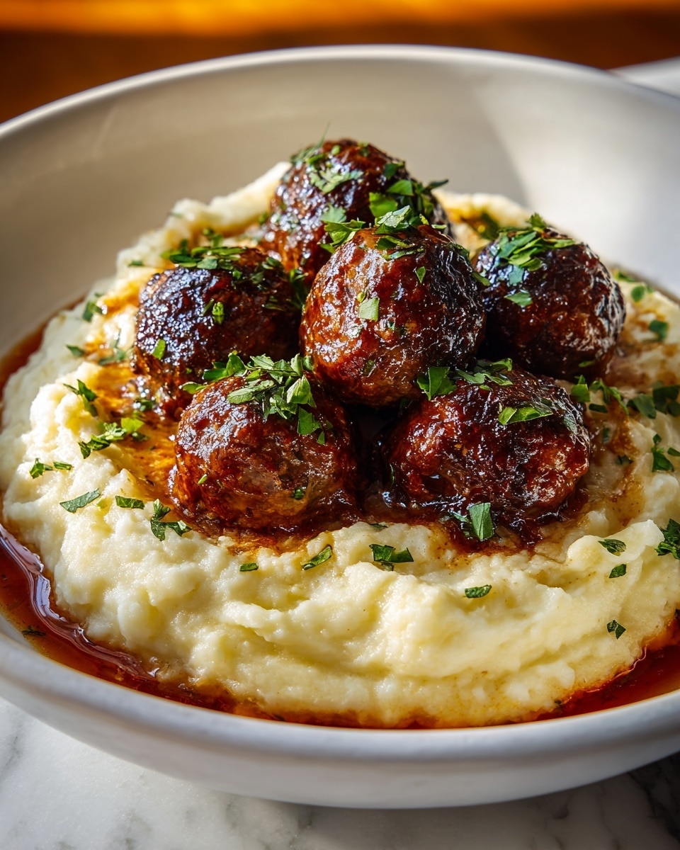 A white bowl holds a thick layer of creamy, pale mashed potatoes forming a soft, uneven bed with a smooth texture and slight peaks. On top, there are seven round, dark brown meatballs with a shiny, glazed surface, showing a juicy and slightly crispy exterior. The meatballs are sprinkled with fresh, chopped green herbs that add a pop of color. Around the mashed potatoes, there is a thin pool of rich, reddish-brown sauce blending slightly into the potatoes. The whole dish sits on a white marbled surface with warm, soft lighting highlighting the textures and colors. photo taken with an iphone --ar 4:5 --v 7