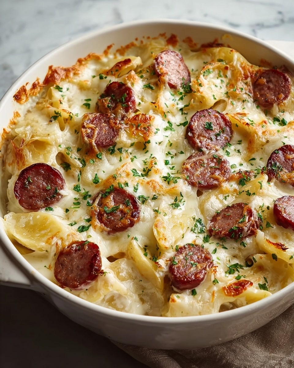 The image shows a white round dish filled with a creamy baked casserole. The bottom and middle layers consist of melted cheese in a pale yellow color mixed with soft cooked pasta or potatoes, with browned edges showing where it has baked. Scattered throughout are slices of browned sausage with a reddish-brown color that contrast with the creamy base. The top layer has a lightly toasted golden cheese crust sprinkled with finely chopped green herbs, adding some fresh color. The dish sits on a white marbled surface with soft natural light highlighting the textures and colors, photo taken with an iphone --ar 4:5 --v 7