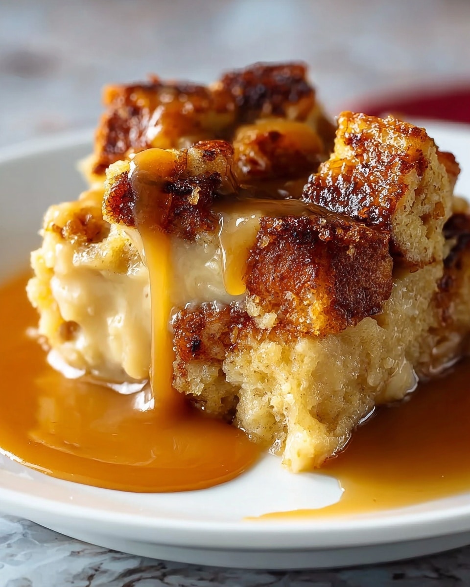 A close-up of a bread pudding slice on a white plate, showing a chunky texture made of several toasted bread cubes with a golden brown, slightly crispy top layer, and a soft, sponge-like inside. The bread cubes are soaked in a creamy custard that looks moist and dense. A thick, caramel-colored sauce is poured over the pudding, pooling on the plate and dripping down the sides, adding a shiny, glossy finish. The background is a white marbled texture. photo taken with an iphone --ar 4:5 --v 7