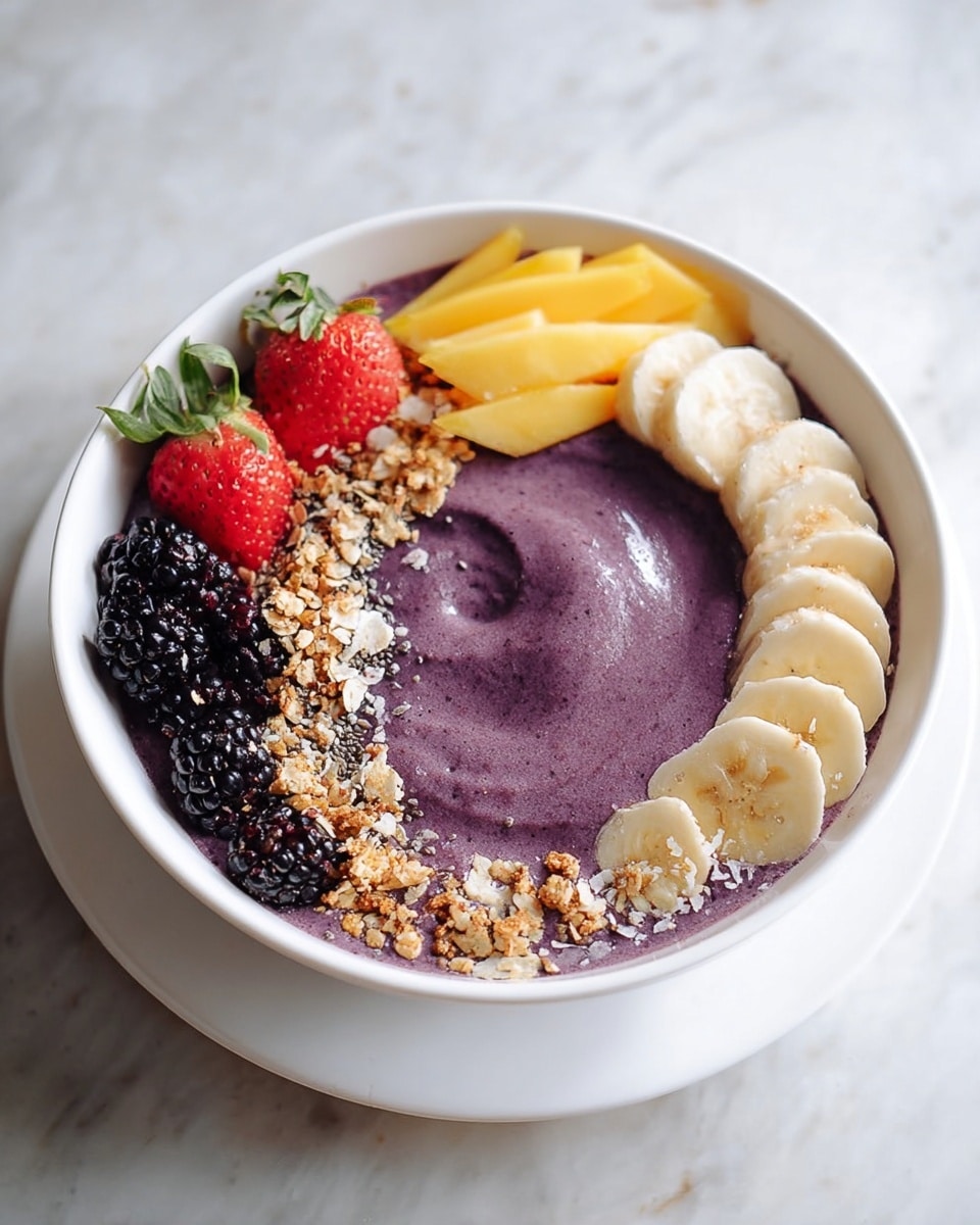 A white bowl is filled with a smooth, thick purple smoothie base showing a slight swirl pattern. On top, there is a curved row of soft, pale yellow banana slices on the right side. Next to them, thin bright yellow mango slices are stacked neatly at the top left. Fresh red strawberries with green leaves sit near the mango slices, while plump dark purple-black blackberries line the bottom edge. Light brown granola and some small seeds are scattered across the smoothie’s surface and slightly spilling over onto the white bowl rim. The bowl is placed on a plate with a white marbled texture background. Photo taken with an iphone --ar 4:5 --v 7