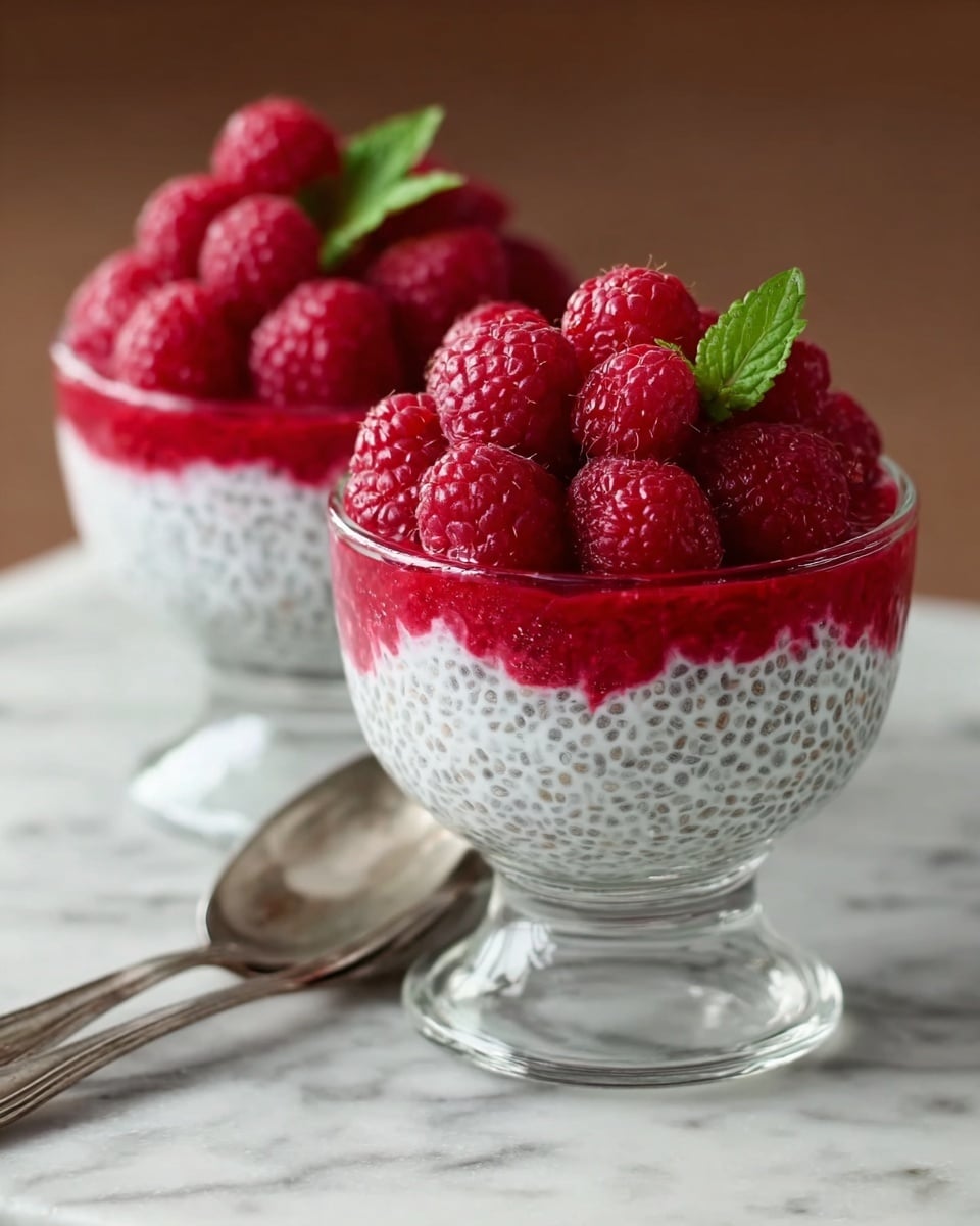 Two clear glass dessert cups are filled with three layers: the bottom layer is a bright red raspberry puree with a smooth texture, the middle layer is a white chia pudding with tiny black chia seeds evenly distributed, and the top layer is a cluster of fresh whole red raspberries. A small green mint leaf garnish is placed on top of each cup. The cups sit on a white marbled surface with two silver spoons lying nearby. Photo taken with an iphone --ar 4:5 --v 7