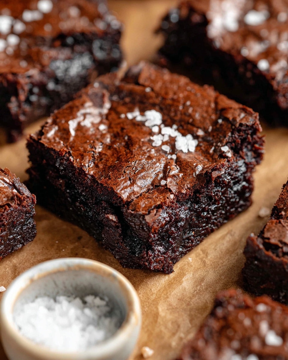 A close-up image of a dark chocolate brownie square with a cracked, shiny top layer sprinkled with coarse white sea salt flakes, showing a moist and dense texture beneath the crust. The brownie is placed on a light brown parchment paper surface that contrasts with the deep brown color of the brownie. In the bottom left corner, there is a small white bowl filled with additional coarse sea salt crystals, partly visible in the frame. The focus is on the front brownie piece, with blurred brownies in the background creating depth. photo taken with an iphone --ar 4:5 --v 7