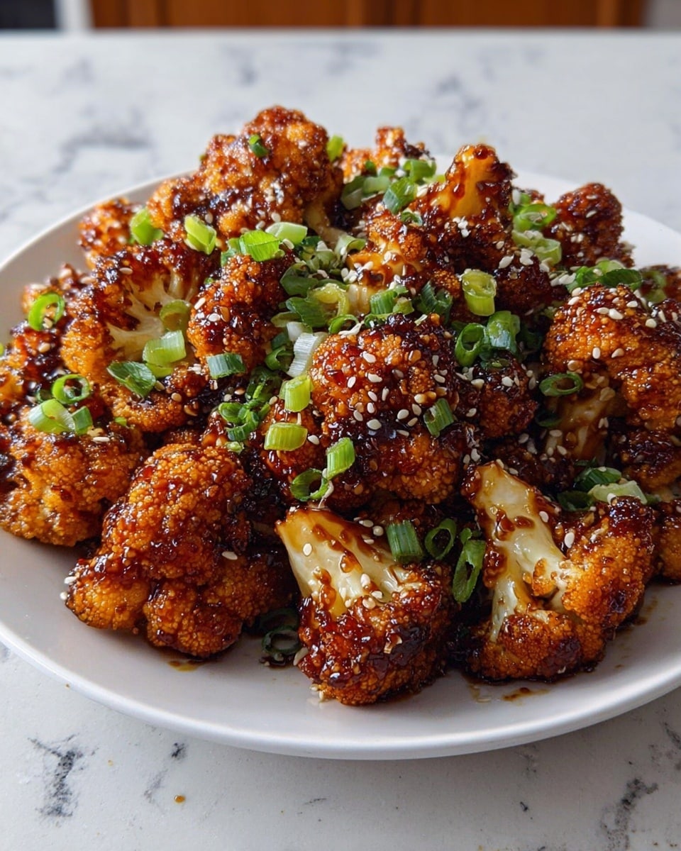 A white plate holds a pile of crispy cauliflower pieces, each coated in a shiny, dark reddish-brown glaze. The cauliflower shows a textured surface with small, bumpy florets. Scattered over the top are small white sesame seeds and finely chopped green onions, providing contrast with bright green and white dots against the dark sauce. The dish is presented on a white marbled surface with soft natural light giving a warm, appetizing glow. photo taken with an iphone --ar 4:5 --v 7