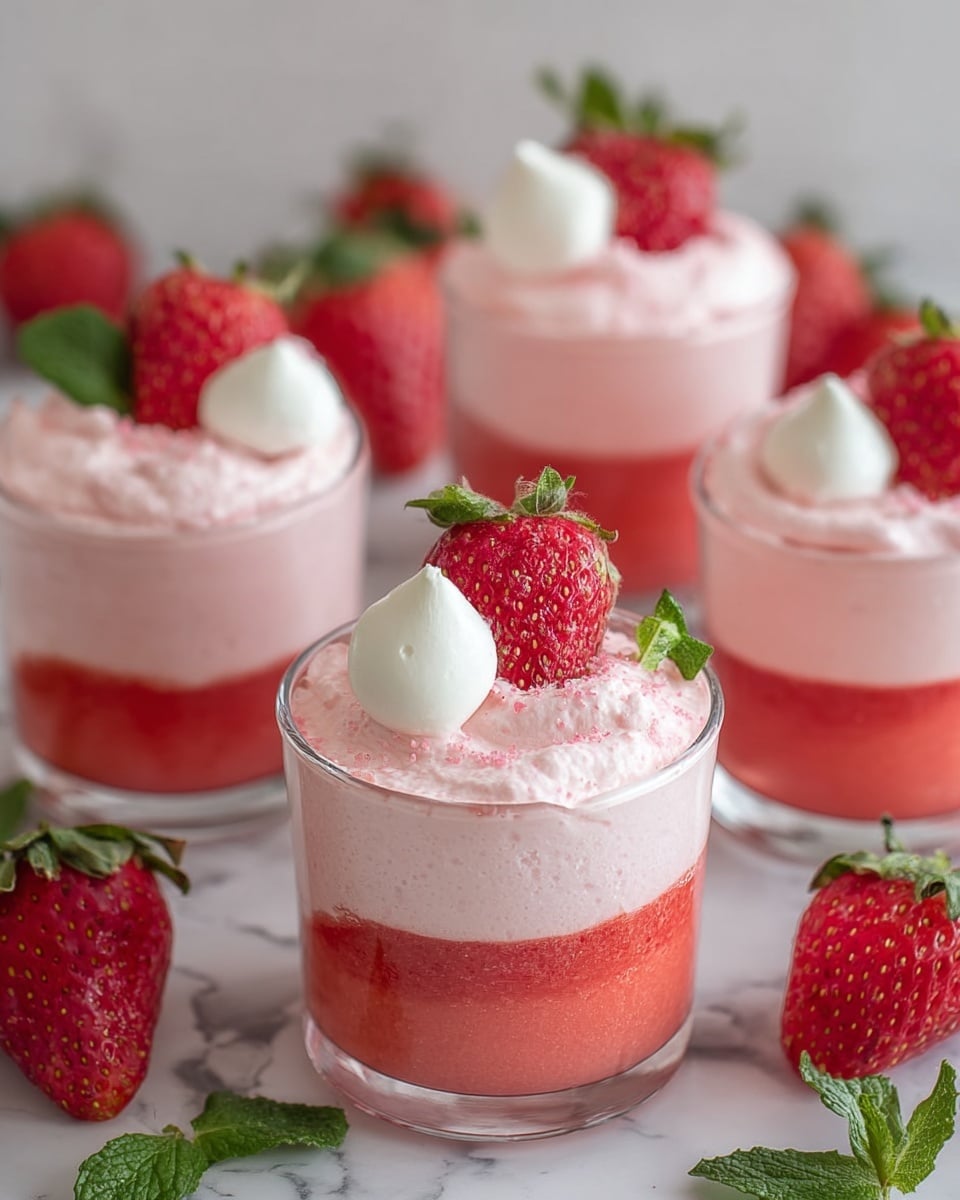 The image shows four clear glass cups filled with two layers of a strawberry dessert. The bottom layer is a bright red strawberry puree with a smooth texture, and the top layer is a light pink, fluffy strawberry mousse that looks creamy and soft. Each mousse layer is crowned with a whole fresh strawberry and two small white dollops of cream or meringue. The cups are placed on a white marbled surface surrounded by fresh strawberries and some green mint leaves, giving a fresh and inviting look. Photo taken with an iphone --ar 4:5 --v 7