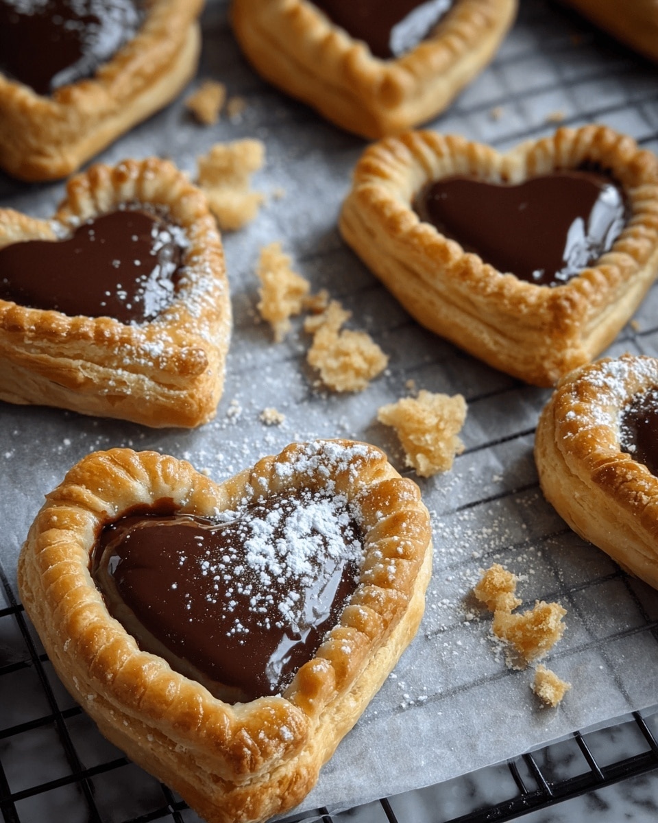 The image shows several heart-shaped pastries with a golden-brown, flaky crust forming the outer layer, each filled in the center with a shiny, smooth, dark chocolate topping. The edges of the crust appear crimped and textured, adding a rustic look, with one pastry topped with a sprinkle of powdered sugar. The pastries are resting on a black cooling rack placed over parchment paper, all set on a white marbled surface. Some crumbs lie scattered around the pastries, emphasizing their fresh-baked texture. Photo taken with an iphone --ar 4:5 --v 7