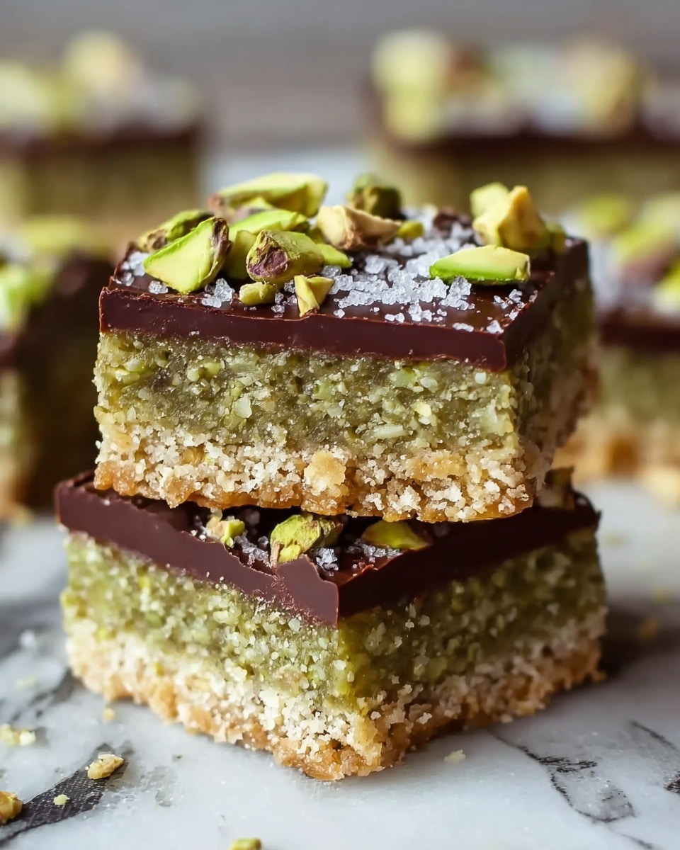 The image shows a close-up of two stacked square dessert bars, each with three distinct layers. The bottom layer is a crumbly, light brown crust with a slightly rough texture. Above that is a thick, green pistachio filling that looks moist and grainy, packed with small bits that give it texture. The top layer is a smooth, dark chocolate ganache that is shiny and firm. On top of the chocolate layer, there are pieces of chopped green pistachios and a sprinkling of coarse sea salt crystals, adding both color and texture contrast. The treats are resting on a white marbled surface with other blurred pieces visible in the background. photo taken with an iphone --ar 4:5 --v 7