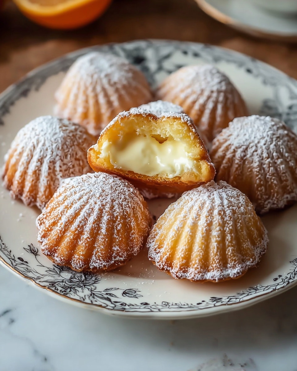 A plate holds six small, round cakes shaped like seashells with soft ridges. Each cake is golden brown and dusted heavily with white powdered sugar, making the ridges stand out. One cake is cut open and placed on top, showing a thick layer of creamy, light yellow filling inside with a smooth texture. The plate is white with a delicate black floral pattern around the edges. The setting includes a white marbled surface partially visible beneath the plate. photo taken with an iphone --ar 4:5 --v 7
