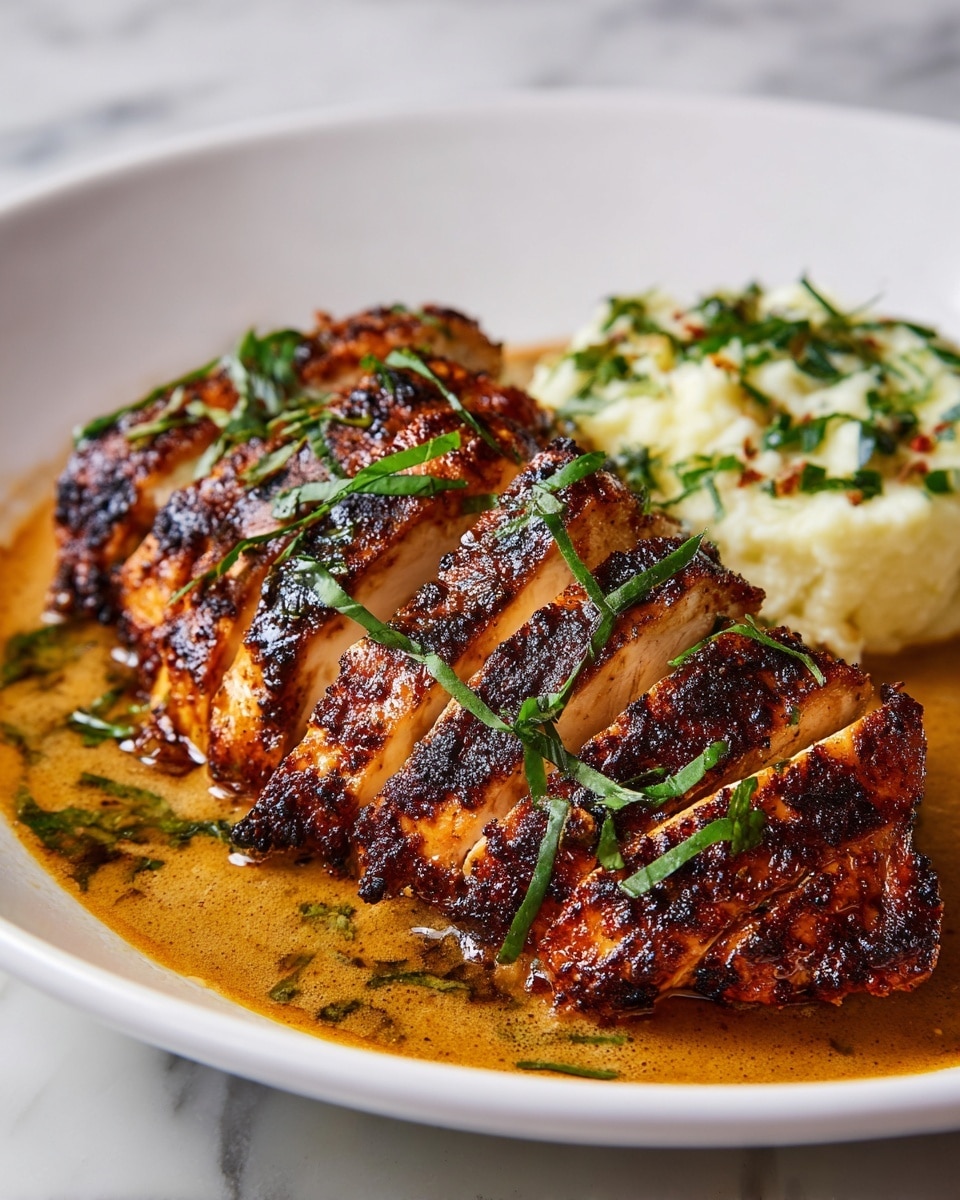 A dish shows five thick slices of grilled chicken breast with a dark, crispy, charred crust, topped with green chopped herbs, arranged in a slightly curved line on a white plate. The chicken rests in a pool of thick, creamy brown sauce with herbs scattered throughout. Behind the chicken, there is a small mound of creamy mashed potatoes sprinkled with similar green herbs, adding a bright contrast. The plate is set against a white marbled texture. photo taken with an iphone --ar 4:5 --v 7
