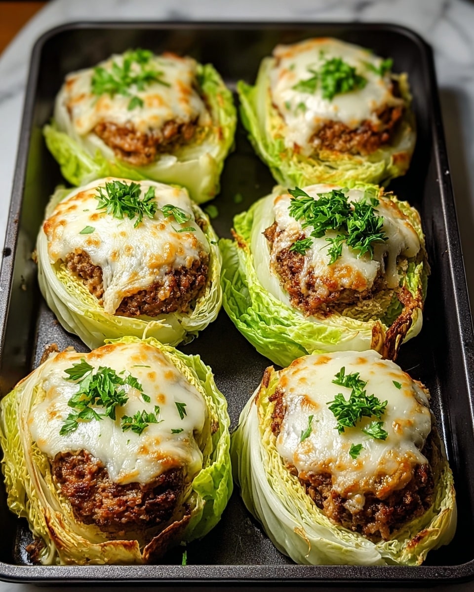 On a dark baking tray, six cabbage wraps are arranged closely. Each wrap has three layers: the bottom layer is a light green cabbage leaf with slightly crispy, browned edges; the middle layer is a thick, browned meat patty with a textured surface; the top layer is melted, creamy white cheese covering the patty, with small bits of bright green parsley on top. The tray sits on a white marbled surface. photo taken with an iphone --ar 4:5 --v 7
