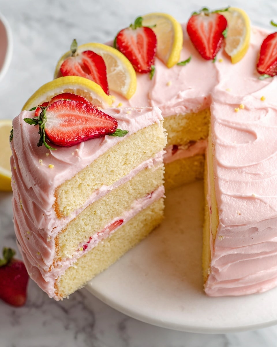A three-layer cake with light yellow sponge layers separated by thin layers of smooth, pale pink frosting, all covered with the same pale pink frosting that has a soft, creamy texture. The cake is decorated on top with alternating thin lemon slices and red strawberry halves with green stems, arranged in a circle near the edge. One slice is slightly pulled out, showing the cake’s inside layers clearly. The cake stands on a white plate over a white marbled texture, and the photo is bright and focused, capturing the cake’s creamy and fresh look. photo taken with an iphone --ar 4:5 --v 7