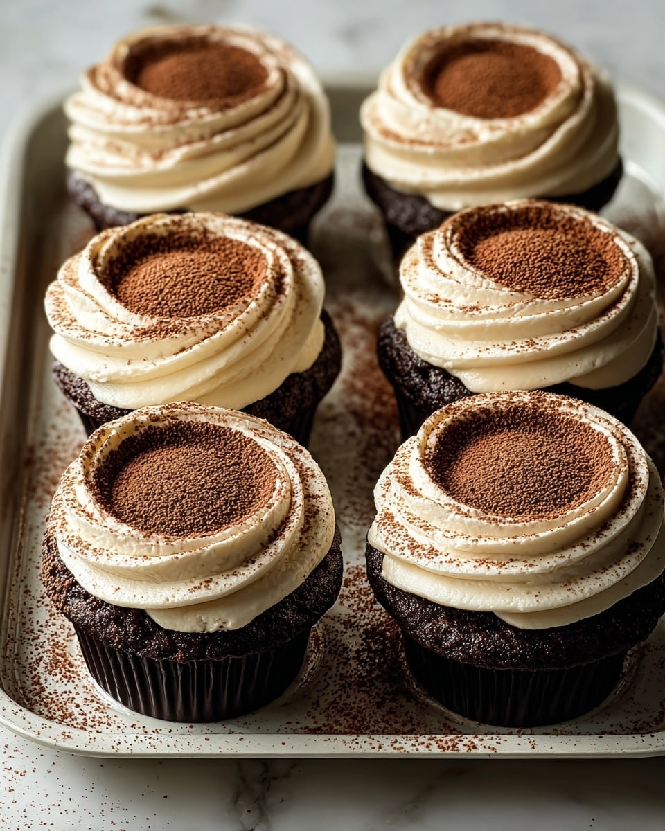 Six dark chocolate cupcakes sit snugly in a silver tray on a white marbled surface. Each cupcake has two main layers: a rich, dark brown cake base and a thick swirl of creamy white frosting on top. Centered on each swirl is a round, dusted topping of cocoa powder, creating a textured circle of light brown powder that contrasts with the smooth frosting. Cocoa powder is also scattered lightly on the tray, adding to the rich, homemade feel. The cupcakes are arranged in two rows of three, filling the tray evenly with a neat and inviting appearance. photo taken with an iphone --ar 4:5 --v 7
