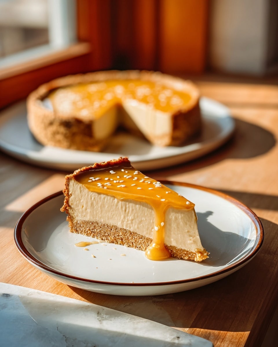 A slice of creamy pumpkin pie is placed on a white plate, showing three distinct layers: a golden-brown crumbly crust at the bottom, a thick pale orange pumpkin filling in the middle, and a shiny amber caramel glaze on top with sesame seeds scattered over it. The caramel sauce is dripping down the sides of the filling and pooling slightly on the plate. Behind the slice, the whole pie with a similar caramel and seed topping sits on parchment paper, framed by a soft-focus warm wooden window background. The surface beneath is a white marbled texture. Photo taken with an iphone --ar 4:5 --v 7