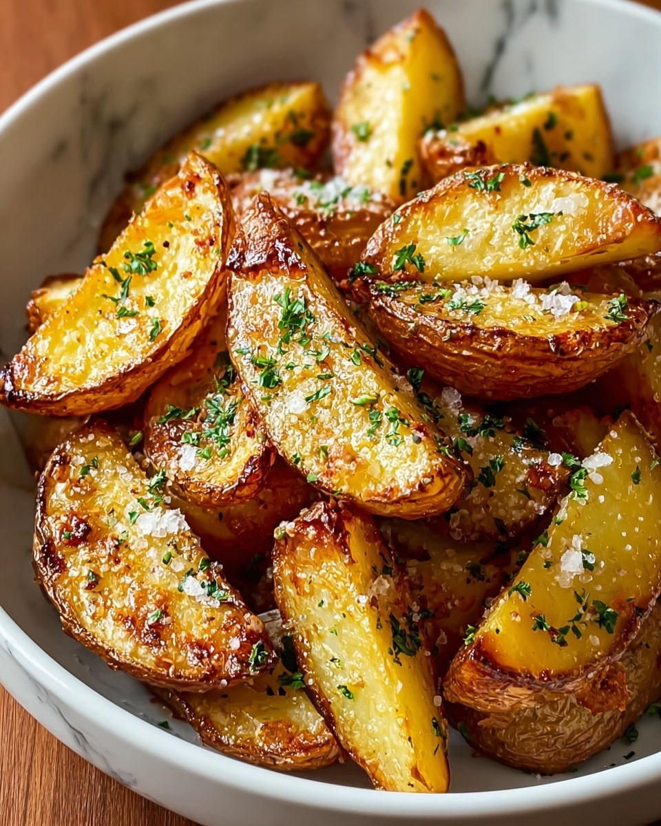 The image shows a white oval dish filled with golden roasted potato halves, each with a crispy brown edge and a soft yellow center. The potatoes are sprinkled with small white crumbles of cheese and finely chopped green herbs scattered evenly on top. The texture looks slightly charred and tender, with a mix of smooth and crispy surfaces, all placed on a white marbled surface. photo taken with an iphone --ar 4:5 --v 7
