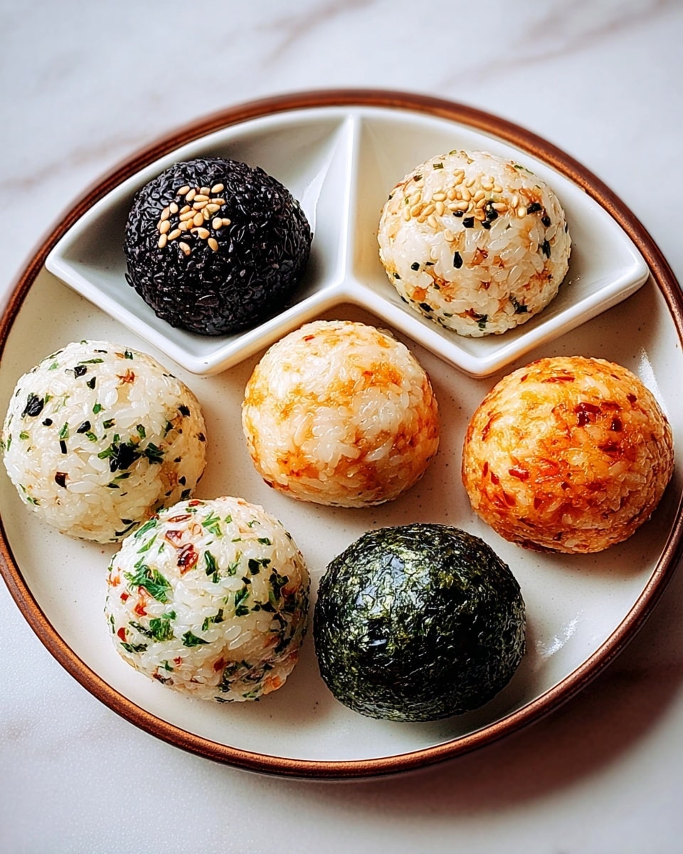 The image shows a round white plate with a brown rim on a white marbled surface, holding six small round rice balls with different coatings. At the top, there is a white divided square bowl with two rice balls: the left one is black and sprinkled with white sesame seeds, and the right one is orange with green and white specks and some seeds. On the plate below, there are four rice balls arranged in a semi-circle: two white ones with black sesame seeds and green herbs, one white with red seasoning, and one covered with a mix of dark green seaweed and white rice. The textures vary from smooth to slightly rough with the toppings adding detail. photo taken with an iphone --ar 4:5 --v 7
