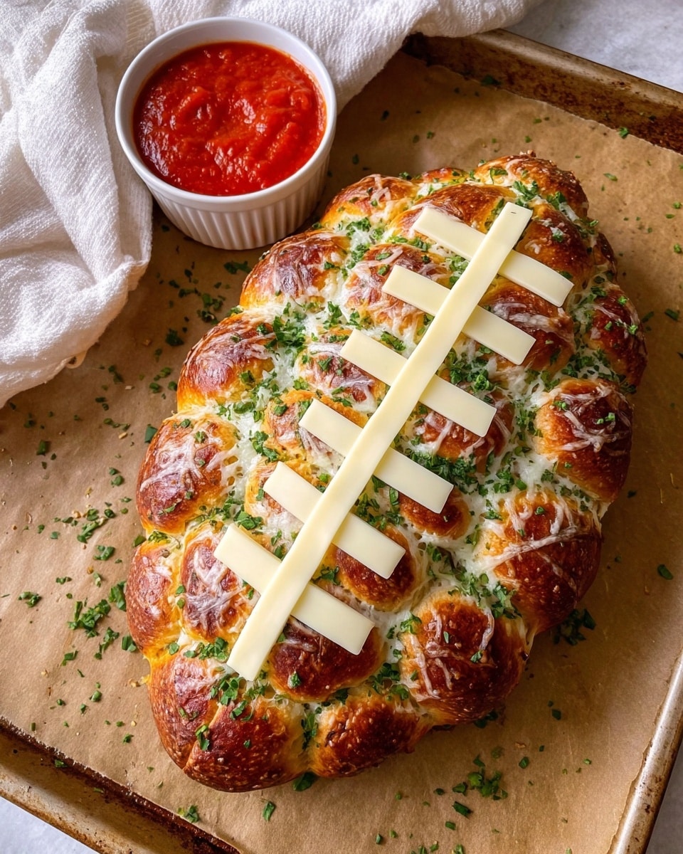 A football-shaped bread made of small golden-brown dough balls all connected together sits on light brown parchment paper on a baking tray with a white marbled texture beneath. The bread is covered with melted white cheese and finely chopped green herbs, giving it a textured look. Five thick white cheese strips are laid across the middle of the bread to resemble football laces. A white ramekin filled with bright red marinara sauce is placed near the top left corner of the tray, and a white cloth is casually folded in the background. The overall scene is warm and inviting. photo taken with an iphone --ar 4:5 --v 7