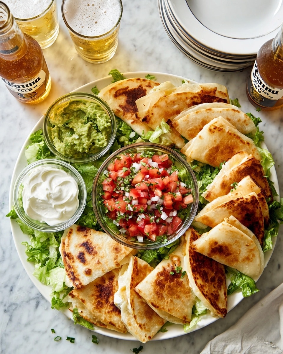 The image shows several golden brown quesadillas, folded in half with a crispy, slightly charred outside, arranged on a bed of fresh green lettuce leaves on a white plate. The quesadillas feature a light and smooth texture with some darker browned spots, hinting at melted cheese and possibly other fillings inside. Next to the quesadillas is a clear glass bowl filled with a colorful, chunky salsa made of diced red tomatoes, purple onions, and green herbs, adding a fresh contrast in color and texture. The whole scene is set against a white marbled surface, giving a clean and bright background. photo taken with an iphone --ar 4:5 --v 7