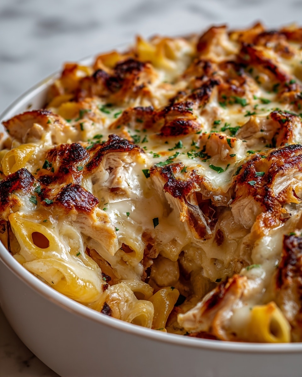 This image shows a close-up view of a baked pasta dish in a white bowl. The dish has several layers starting with a base of light golden baked pasta shells. On top, there are layers of melted creamy white cheese that has browned spots, giving a crispy texture. Scattered throughout are pieces of browned roasted chicken with a slightly charred look. The dish is finished with a sprinkle of finely chopped green herbs, adding a touch of color. The background is a white marbled texture. photo taken with an iphone --ar 4:5 --v 7
