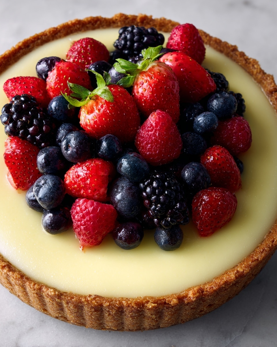 A tart with three visible layers sits on a white plate on a white marbled surface. The bottom layer is a golden-brown, ridged crust with a firm texture. Above this crust is a smooth, creamy pale-yellow filling that covers the entire base evenly. The top layer features a ring of mixed fresh berries arranged close to the crust edge, including bright red strawberries with green tops, deep red raspberries, shiny black blackberries, and small dark blue blueberries, all glistening slightly as if freshly washed. The center area inside the berry ring is plain and creamy. The overall look is fresh, colorful, and inviting. photo taken with an iphone --ar 4:5 --v 7
