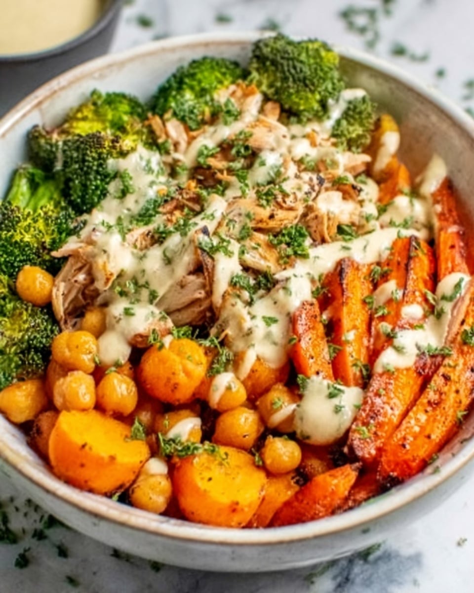 A white bowl filled with a colorful salad shows many layers: at the bottom, round orange sweet potato pieces and small light brown chickpeas; above them, vibrant green broccoli florets and sliced orange roasted carrots; on top, white creamy sauce drizzled over shredded beige chicken, sprinkled with chopped green herbs. The bowl rests on a white marbled surface. Photo taken with an iphone --ar 4:5 --v 7