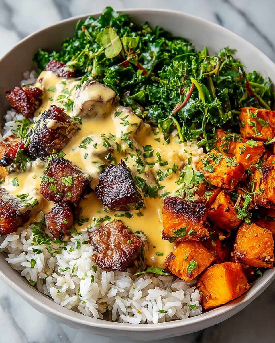 A round white bowl sits on a white marbled surface, filled with four main layers: the bottom layer is fluffy white rice with distinct grains; on top of the rice, there are dark brown crispy grilled meat chunks covered with a creamy yellow sauce that has green herbs mixed in, creating a smooth texture; next to the meat, vibrant green cooked leafy vegetables add a fresh and slightly wilted texture; and finally, bright orange roasted sweet potato cubes with crispy edges fill the remaining space, all sprinkled with finely chopped green herbs for garnish. photo taken with an iphone --ar 4:5 --v 7