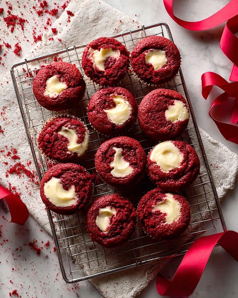 Three small red velvet roll cakes are placed closely on a white plate. Each cake has two clear layers: a thick, deep red, moist cake layer that forms the base and outer edge, and creamy white frosting swirled inside the cake in a spiral pattern on top. The texture of the cake looks soft with a few loose crumbs around it on the plate. The plate sits on a folded beige cloth atop a white marbled surface, with a hint of a red ribbon blurred in the background. photo taken with an iphone --ar 4:5 --v 7
