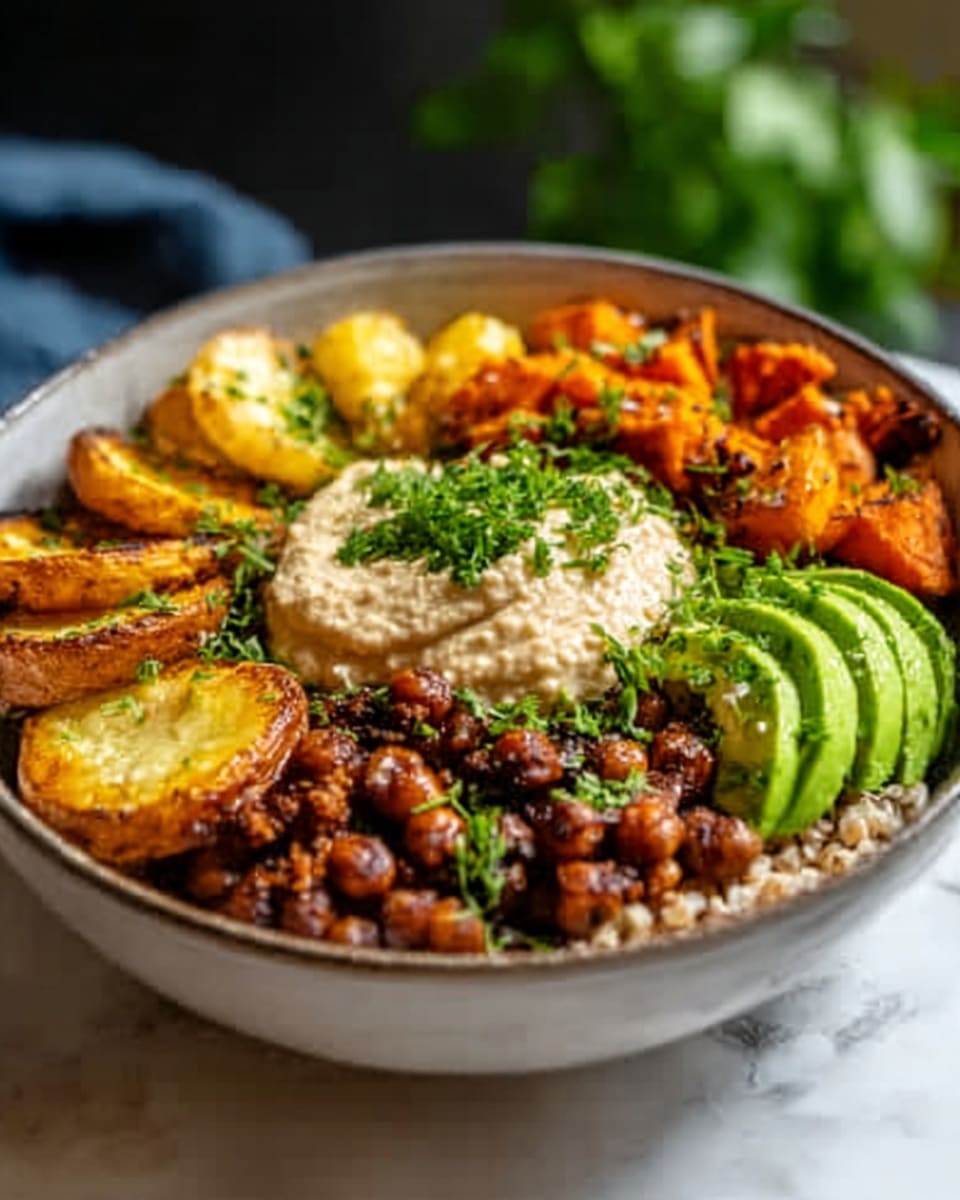 The image shows a round white bowl filled with a colorful mixed grain bowl. At the bottom, there is a layer of cooked brown rice. On top, the bowl has several distinct layers: slices of golden-brown roasted potatoes on the left, a creamy pale beige scoop of hummus next to the rice, small dark brown chickpeas garnished with fresh green herbs in the center, bright orange roasted sweet potato chunks on the right side, and sliced ripe green avocado wedges on the far right. The bowl sits on a white marbled surface with a blurred green background, and the lighting highlights the fresh textures and colors of the food. Photo taken with an iphone --ar 4:5 --v 7