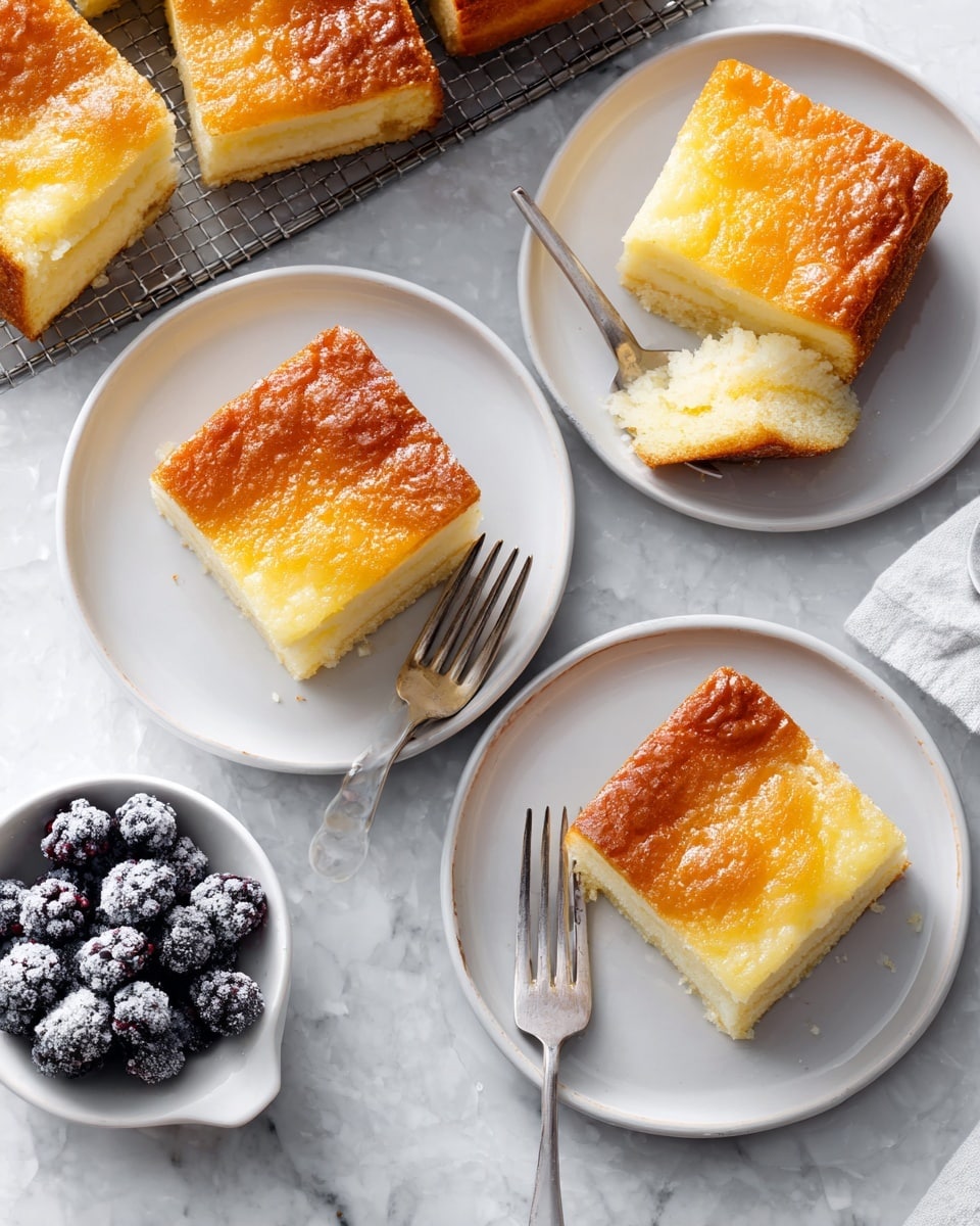 This image shows a square piece of dessert with two layers on a white plate. The bottom layer is crumbly and golden brown, looking like a cookie or cake base. The top layer is lighter yellow, slightly glossy, and appears soft and moist with small chunks mixed in. The dessert is placed near a silver fork on the plate. Behind it, there are more similar pieces on white plates, slightly blurred, making the main piece stand out. To the left, a small metal bowl holds several dark purple blackberries, giving a fresh touch. The whole scene is set on a surface with a white marbled texture, with a soft blurred background of light green from some plants. photo taken with an iphone --ar 4:5 --v 7
