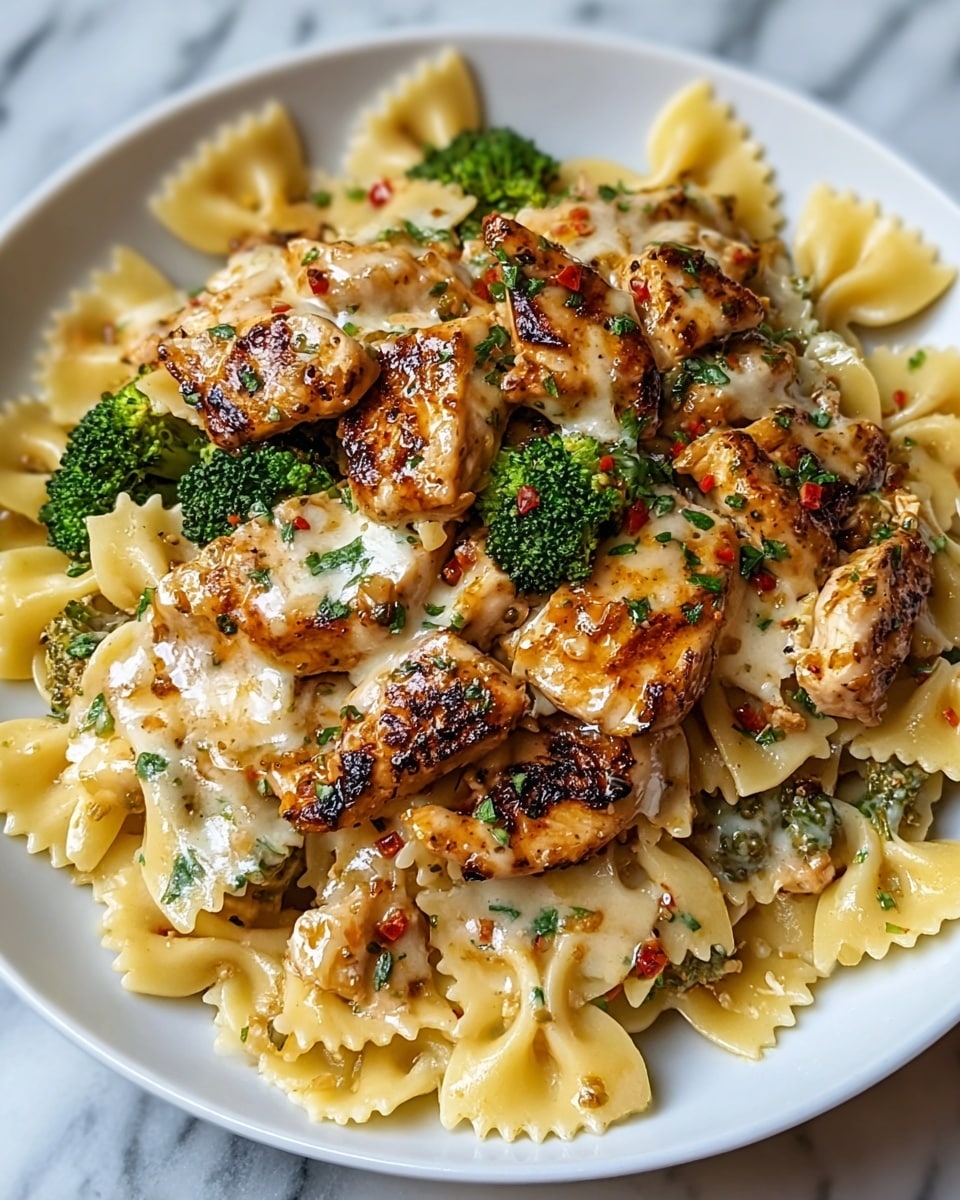 A white plate holds a pasta dish with three main layers. The bottom layer is light yellow bowtie pasta, softly cooked and spread out. On top of the pasta, there is a creamy sauce mixed with small pieces of browned chicken. The sauce is light orange and shiny, covering the chicken and pasta. The top layer consists of grilled chicken pieces that have a golden-brown char and melted melted cheese with some herbs sprinkled on top. Bright green broccoli florets add color contrast, scattered over the dish. Small red and green herb bits are dotted on the surface, enhancing the texture and color. The plate sits on a white marbled background. photo taken with an iphone --ar 4:5 --v 7
