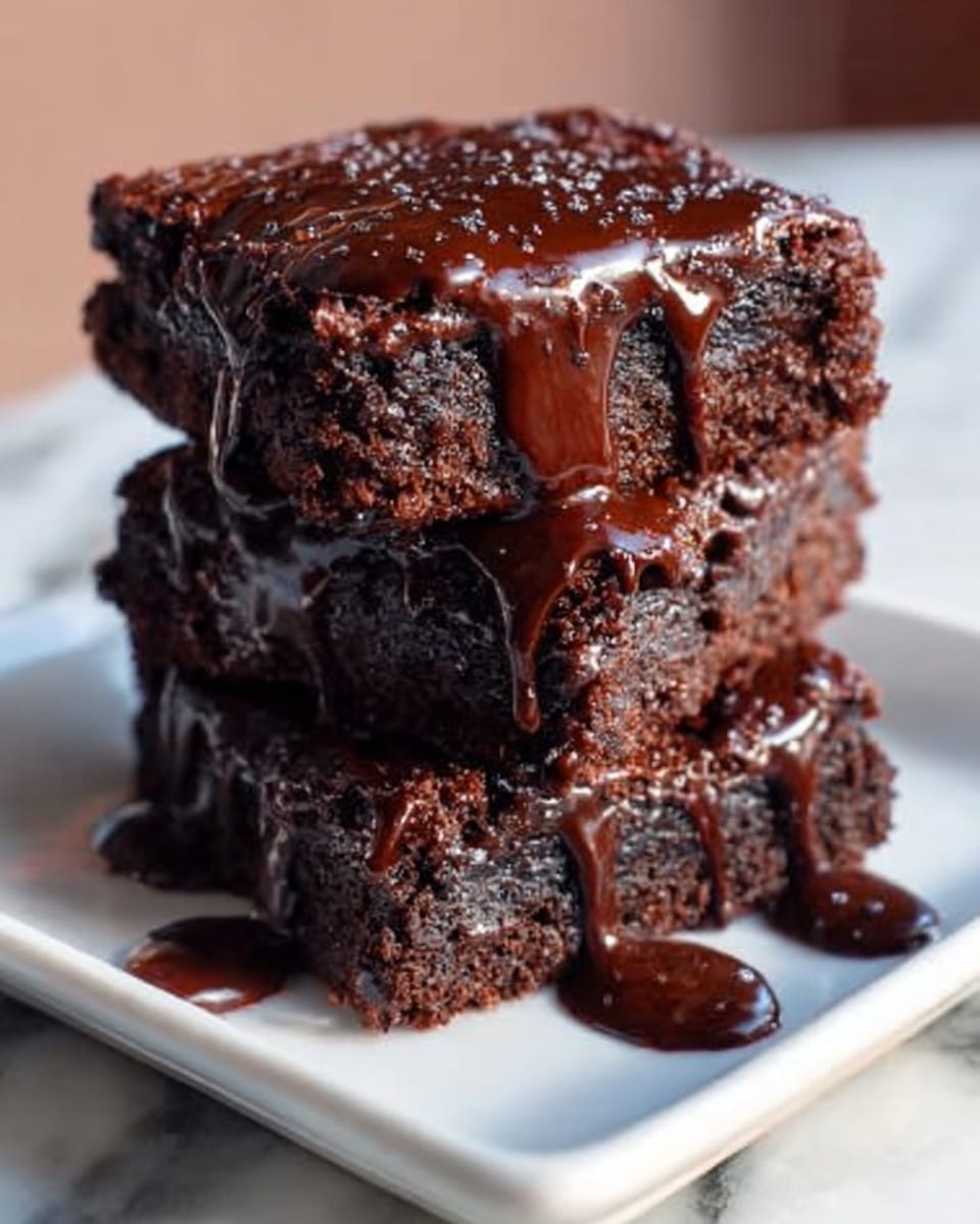 A stack of three thick, dark brown brownies sits on a white square plate, each layer moist and dense with a slightly crumbly texture along the edges. Rich chocolate sauce generously drips over the top and down the sides, pooling slightly on the white marbled surface beneath. The brownies have a glossy finish where the sauce covers them, contrasting with the matte texture of the exposed brownie layers. The background is softly blurred, highlighting the dessert in warm light. Photo taken with an iphone --ar 4:5 --v 7
