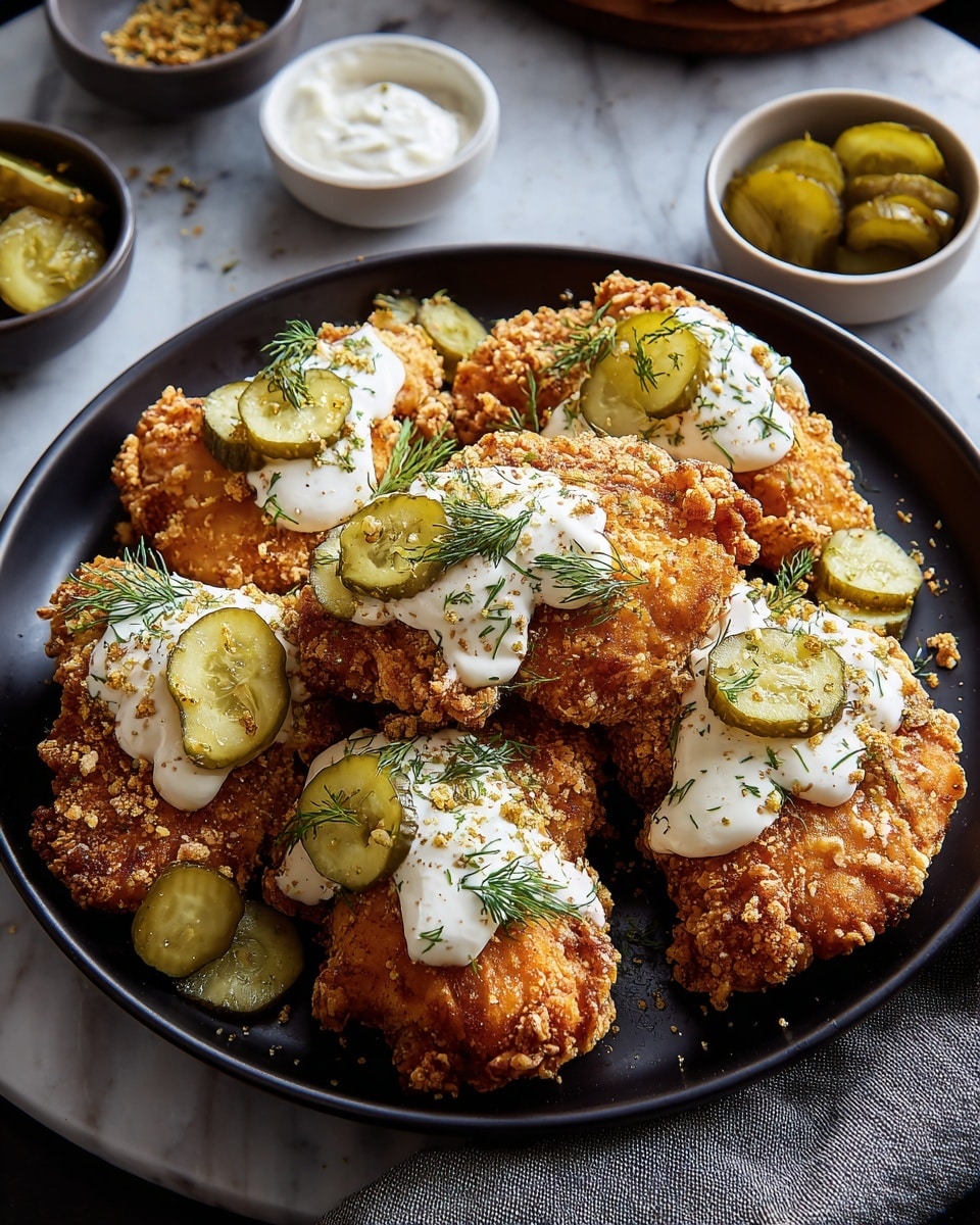 A black plate filled with several pieces of golden-brown crispy fried chicken topped with dollops of white creamy sauce sprinkled with green herbs. There are thin slices of light green pickles layered on top and scattered around the chicken, adding color contrast. The chicken looks crunchy with a textured crust, and the white sauce is softly spread with fresh dill sprinkled on it. The plate sits on a white marbled surface with a gray cloth nearby and small white bowls holding more pickles and other condiments in the background. photo taken with an iphone --ar 4:5 --v 7