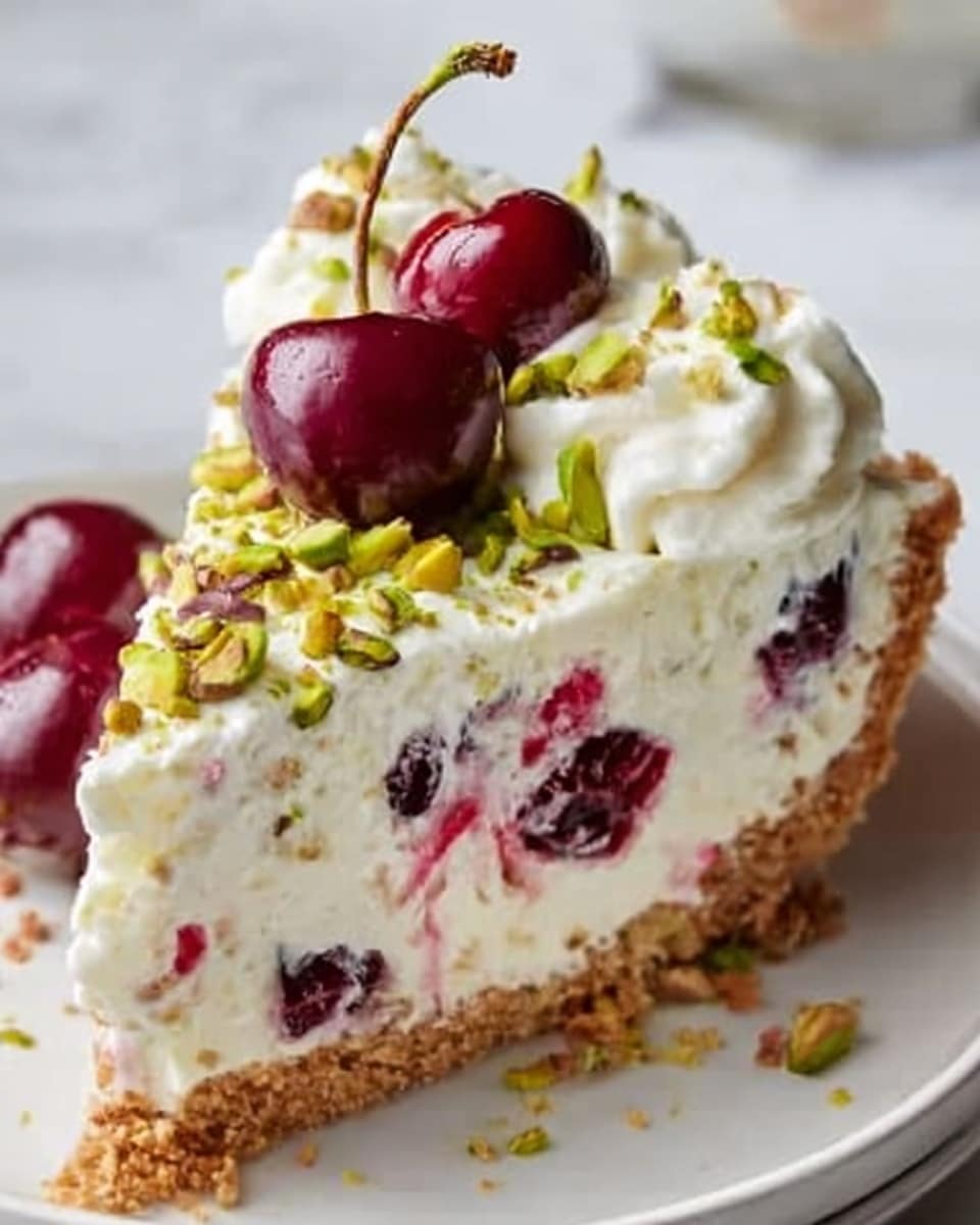 A close-up image of a slice of cherry cream pie on a white plate, placed on a white marbled surface. The pie slice has three visible layers: a crumbly, golden-brown crust on the bottom; a thick creamy white filling with pieces of dark red cherries mixed inside; and a top layer of smooth white whipped cream, decorated with chopped green pistachios and two glossy dark red cherries with green stems. There is a woman's hand holding the plate on one side. The photo taken with an iphone --ar 4:5 --v 7